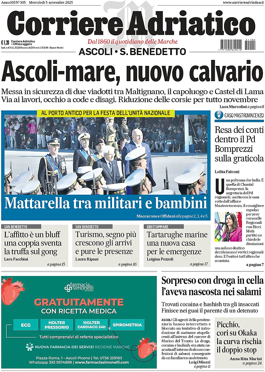 Prima pagina Corriere Adriatico (Ascoli) di oggi - Edicola 5 Novembre 2025
