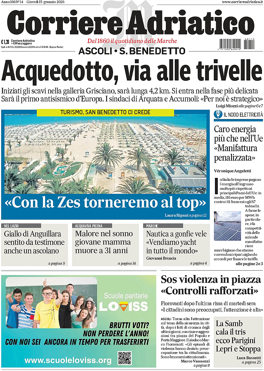 Prima pagina Corriere Adriatico (Ascoli) di oggi - Edicola 15 Gennaio 2026