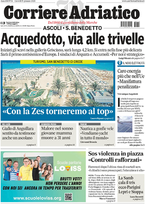 Prima pagina Corriere Adriatico (Ascoli) di oggi - Quotidiano regionale