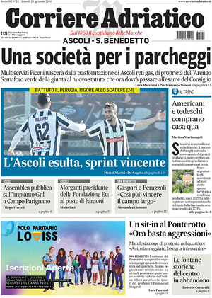 Prima pagina Corriere Adriatico (Ascoli) di oggi - Quotidiano regionale
