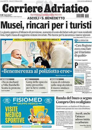 Prima pagina Corriere Adriatico (Ascoli) di oggi - Quotidiano regionale