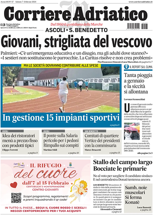 Prima pagina Corriere Adriatico (Ascoli) di oggi - Quotidiano regionale