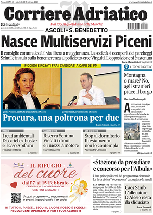 Prima pagina Corriere Adriatico (Ascoli) di oggi - Quotidiano regionale