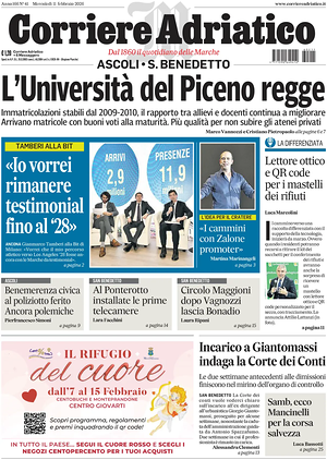Prima pagina Corriere Adriatico (Ascoli) di oggi - Quotidiano regionale