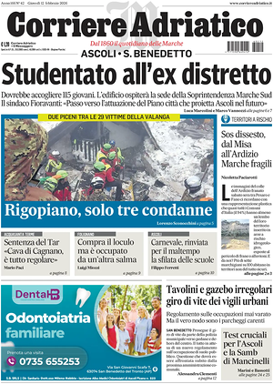 Prima pagina Corriere Adriatico (Ascoli) di oggi - Quotidiano regionale