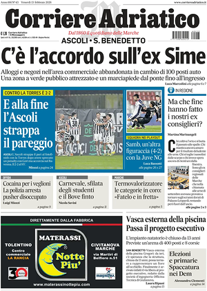 Prima pagina Corriere Adriatico (Ascoli) di oggi - Quotidiano regionale
