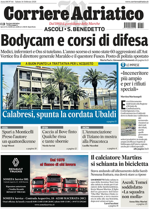 Prima pagina Corriere Adriatico (Ascoli) di oggi - Quotidiano regionale