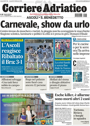 Prima pagina Corriere Adriatico (Ascoli) di oggi - Quotidiano regionale