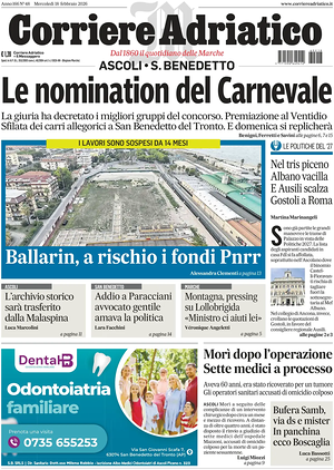 Prima pagina Corriere Adriatico (Ascoli) di oggi - Quotidiano regionale