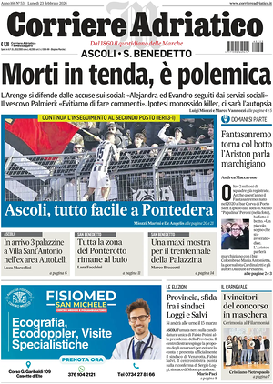Prima pagina Corriere Adriatico (Ascoli) di oggi - Quotidiano regionale