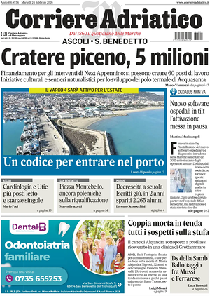 Prima pagina Corriere Adriatico (Ascoli) di oggi - Quotidiano regionale
