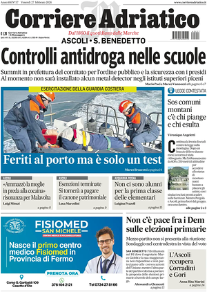 Prima pagina Corriere Adriatico (Ascoli) di oggi - Quotidiano regionale