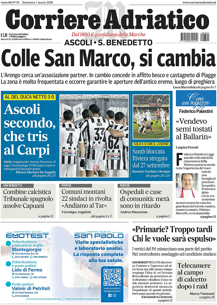 Prima pagina Corriere Adriatico (Ascoli) di oggi - Edicola 1 Marzo 2026