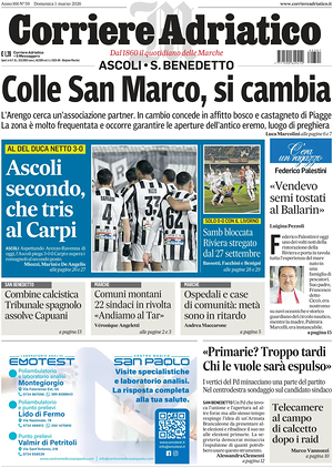 Prima pagina Corriere Adriatico (Ascoli) di oggi - Quotidiano regionale