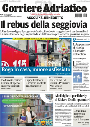 Prima pagina Corriere Adriatico (Ascoli) di oggi - Quotidiano regionale