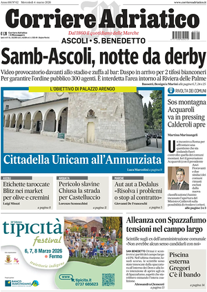 Prima pagina Corriere Adriatico (Ascoli) di oggi - Quotidiano regionale