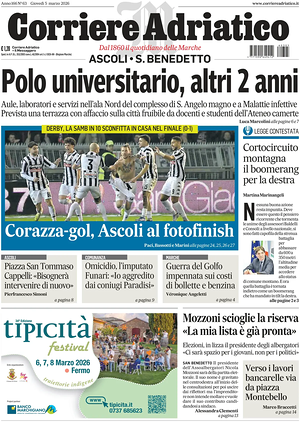 Prima pagina Corriere Adriatico (Ascoli) di oggi - Quotidiano regionale