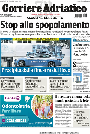 Prima pagina Corriere Adriatico (Ascoli) di oggi - Quotidiano regionale