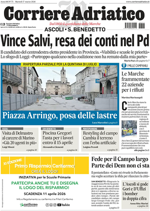 Prima pagina Corriere Adriatico (Ascoli) di oggi - Quotidiano regionale
