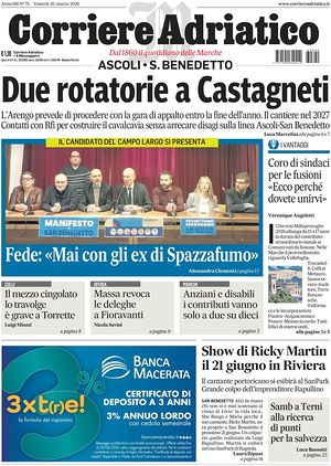 Prima pagina Corriere Adriatico (Ascoli) di oggi - Quotidiano regionale