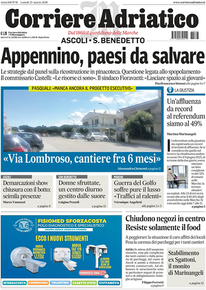 Prima pagina Corriere Adriatico (Ascoli) di oggi - Quotidiano regionale