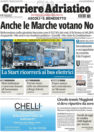 Prima pagina Corriere Adriatico (Ascoli) di oggi - Quotidiano regionale