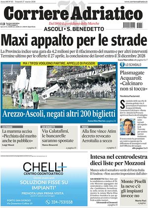 Prima pagina Corriere Adriatico (Ascoli) di oggi - Quotidiano regionale