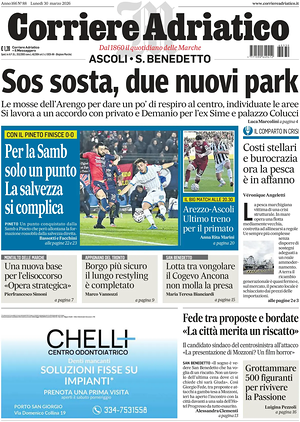 Prima pagina Corriere Adriatico (Ascoli) di oggi - Quotidiano regionale