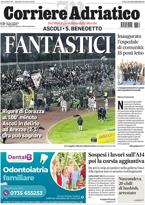 Prima pagina Corriere Adriatico (Ascoli) di oggi - Quotidiano regionale