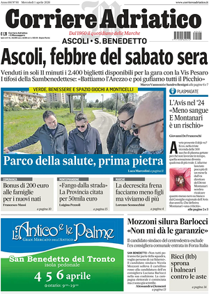 Prima pagina Corriere Adriatico (Ascoli) di oggi - Quotidiano regionale