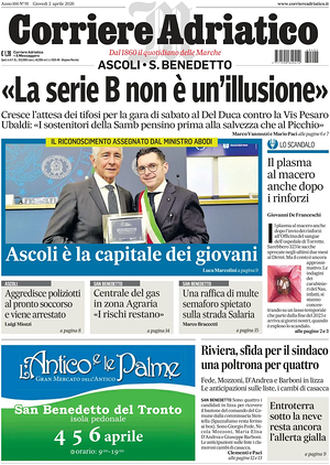 Prima pagina Corriere Adriatico (Ascoli) di oggi - Quotidiano regionale