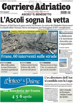 Prima pagina Corriere Adriatico (Ascoli) di oggi - Quotidiano regionale