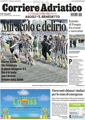Prima pagina Corriere Adriatico (Ascoli) di oggi - Quotidiano regionale