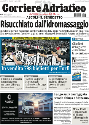 Prima pagina Corriere Adriatico (Ascoli) di oggi - Quotidiano regionale
