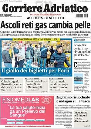 Prima pagina Corriere Adriatico (Ascoli) di oggi - Quotidiano regionale