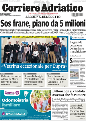 Prima pagina Corriere Adriatico (Ascoli) di oggi - Quotidiano regionale
