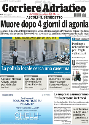 Prima pagina Corriere Adriatico (Ascoli) di oggi - Quotidiano regionale