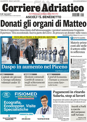 Prima pagina Corriere Adriatico (Ascoli) di oggi - Quotidiano regionale
