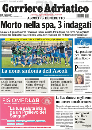 Prima pagina Corriere Adriatico (Ascoli) di oggi - Quotidiano regionale