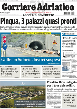 Prima pagina Corriere Adriatico (Ascoli) di oggi - Quotidiano regionale