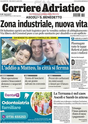 Prima pagina Corriere Adriatico (Ascoli) di oggi - Quotidiano regionale