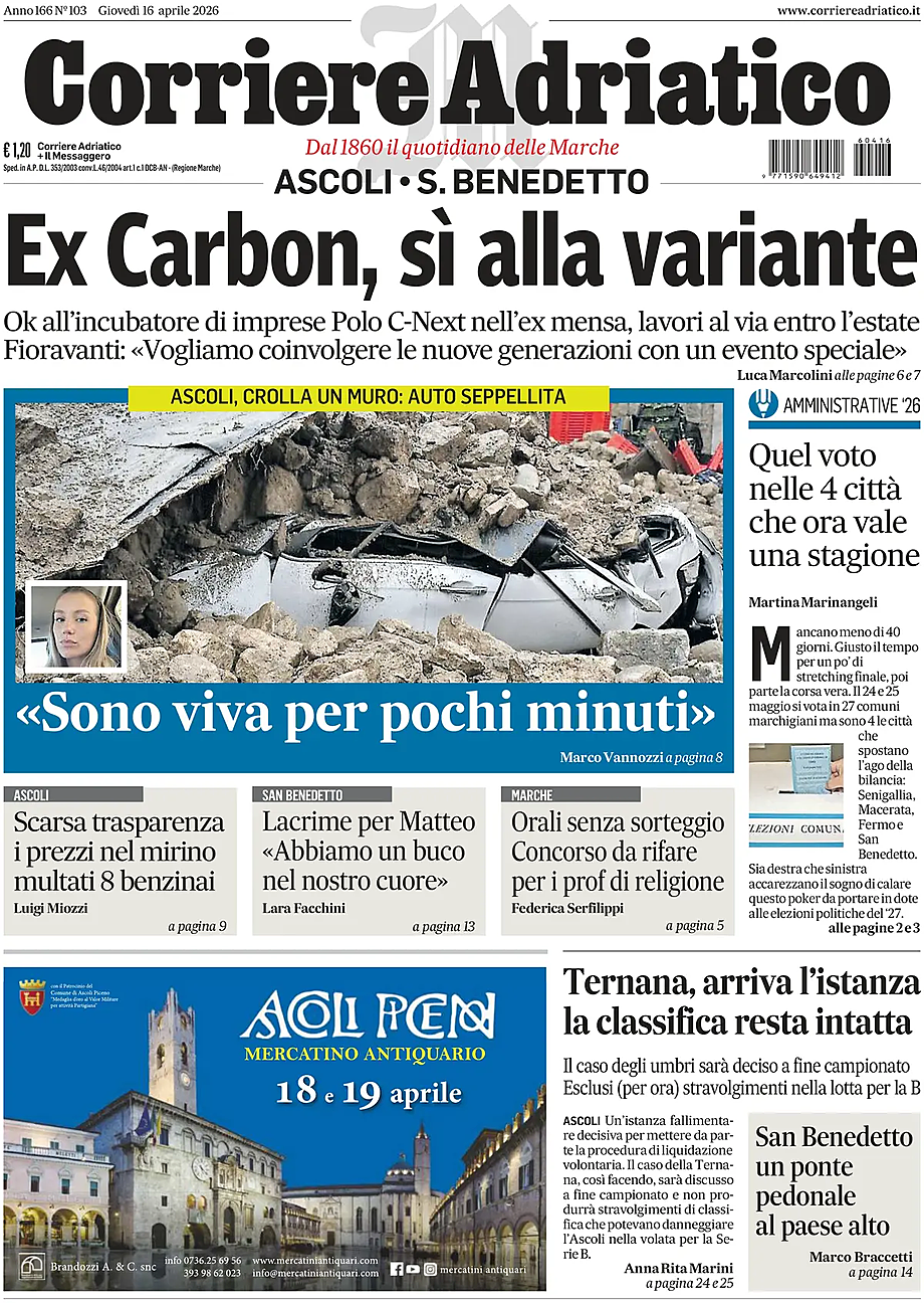 Prima pagina Corriere Adriatico (Ascoli) di oggi - Edicola 16 Aprile 2026