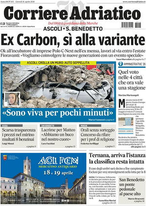 Prima pagina Corriere Adriatico (Ascoli) di oggi - Quotidiano regionale
