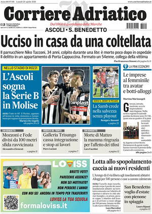 Prima pagina Corriere Adriatico (Ascoli) di oggi - Quotidiano regionale
