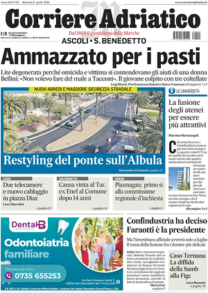 Prima pagina Corriere Adriatico (Ascoli) di oggi - Quotidiano regionale