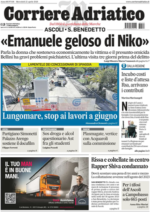 Prima pagina Corriere Adriatico (Ascoli) di oggi - Quotidiano regionale