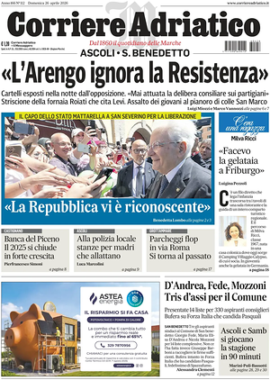 Prima pagina Corriere Adriatico (Ascoli) di oggi - Quotidiano regionale