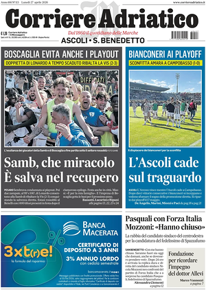 Prima pagina Corriere Adriatico (Ascoli) di oggi - Quotidiano regionale
