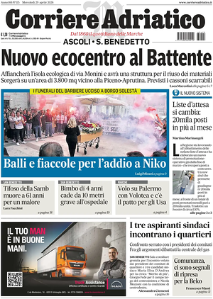 Prima pagina Corriere Adriatico (Ascoli) di oggi - Quotidiano regionale