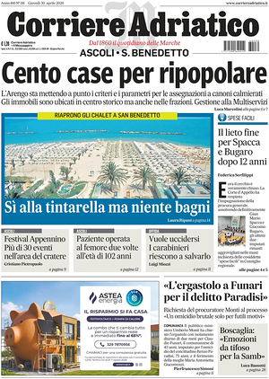 Prima pagina Corriere Adriatico (Ascoli) di oggi - Quotidiano regionale